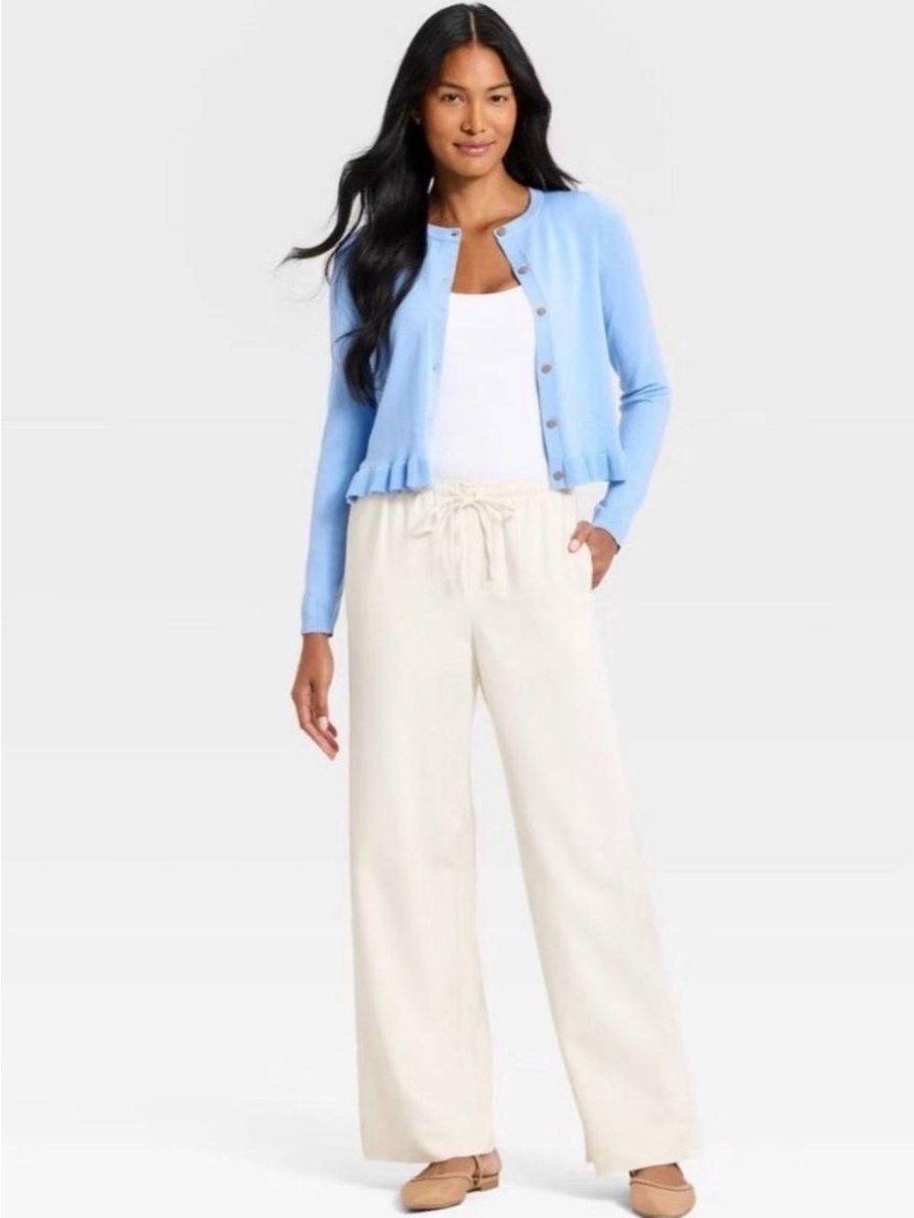 Women’s effortless pull on Wide-Leg Drawstring Pants in Cream nwot